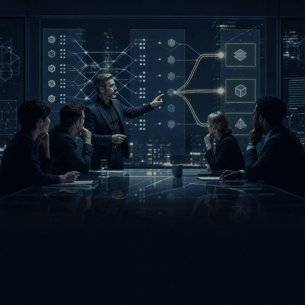 Animated technical advisor clarifying choices for a leadership team